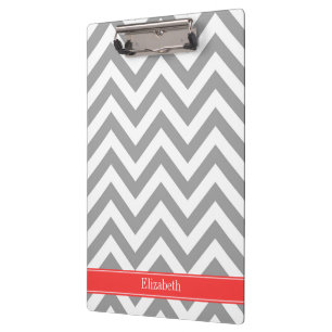 Dark Grey Lg Chevron Coral Red Name Monogram Clipboard