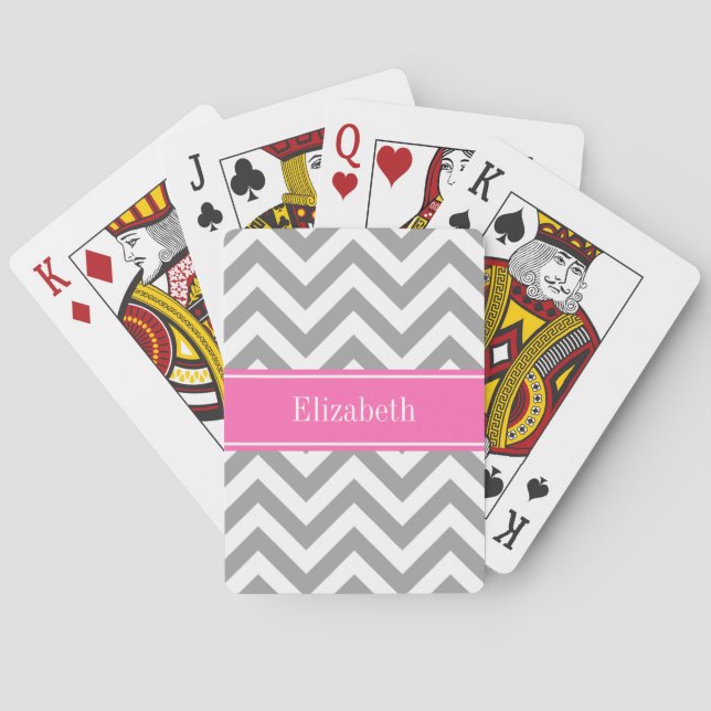 Dark Grey Lg Chevron Hot Pink #2 Name Monogram Playing Cards (Back)