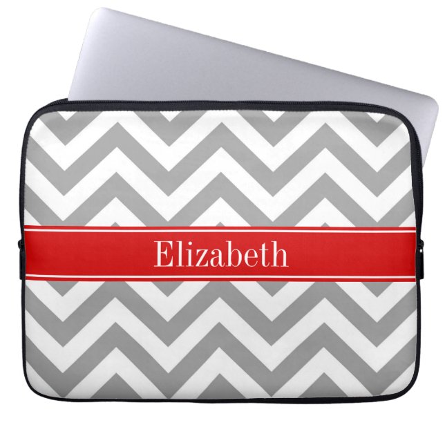 Dark Grey Lg Chevron Red Name Monogram Laptop Sleeve (Front)