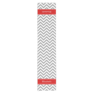 Dark Grey Lg Chevron Red Name Monogram Short Table Runner
