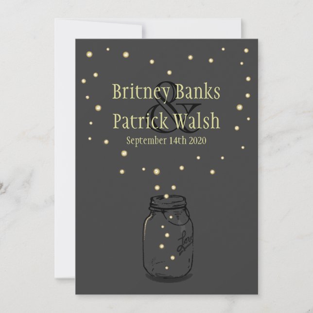Dark Grey Mason Jar Firefly Wedding Invitations (Front)