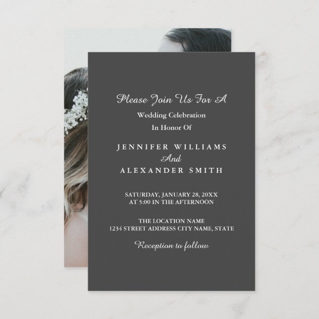 Dark Grey Minimalist Photo Wedding Invitation (Front/Back)