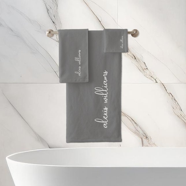 Dark Grey Minimalist Script Signature Monogram Bath Towel Set (Creator Uploaded)