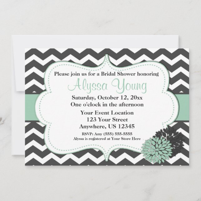 Dark Grey Mint Chevron Invitation (Front)