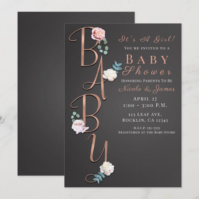 Dark Grey Modern Floral Baby Shower Typography Invitation (Front/Back)