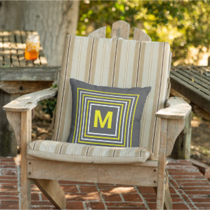 Dark Grey Modern Yellow and White Square Monogram  Cushion