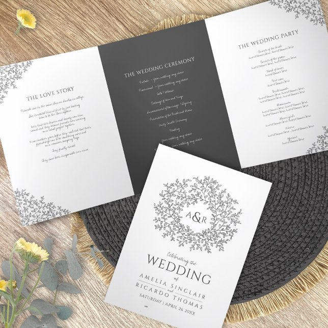 Dark grey monogram art story dedication wedding Tri-Fold programme (Creator Uploaded)