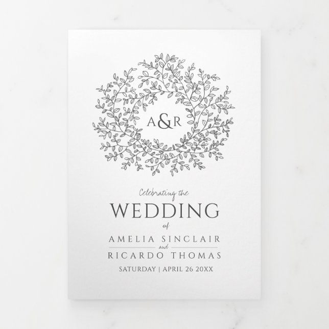 Dark grey monogram art story dedication wedding Tri-Fold programme (Cover)