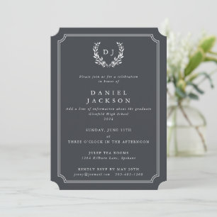 Dark Grey Monogram Laurel Wreath Graduation Invitation