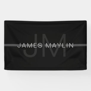 Dark Grey Monogram, Name & Geometric Stripe Banner