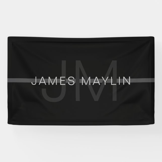Dark Grey Monogram, Name & Geometric Stripe Banner (Horizontal)