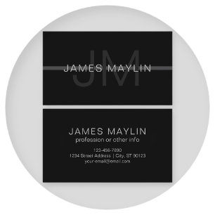 Dark Grey Monogram, Name & Geometric Stripe Business Card