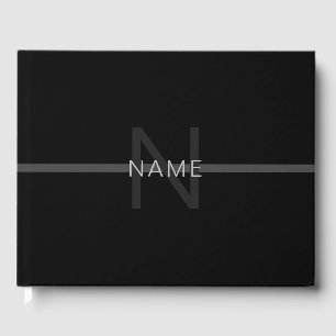 Dark Grey Monogram, Name & Geometric Stripe Guest Book