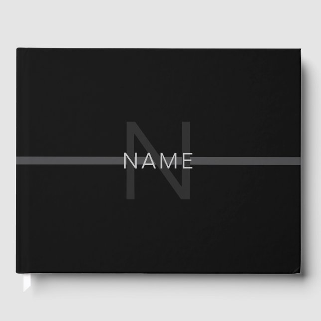 Dark Grey Monogram, Name & Geometric Stripe Guest Book (Front)