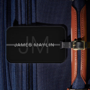 Dark Grey Monogram, Name & Geometric Stripe Luggage Tag