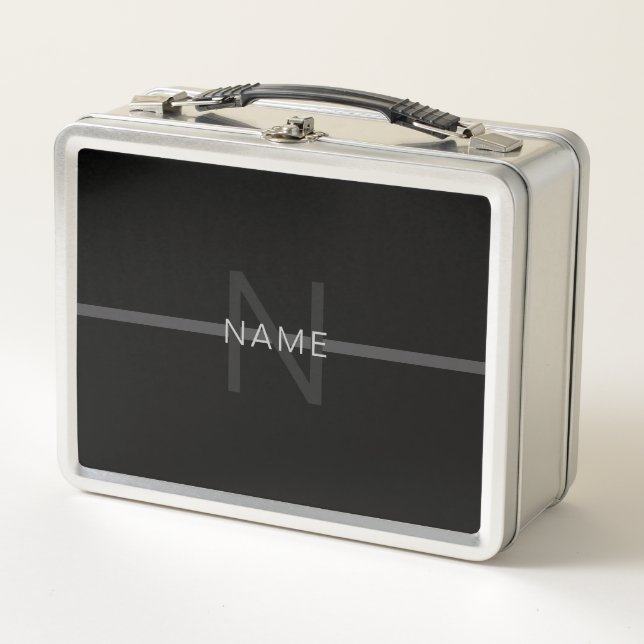 Dark Grey Monogram, Name & Geometric Stripe Metal Lunch Box (Front)
