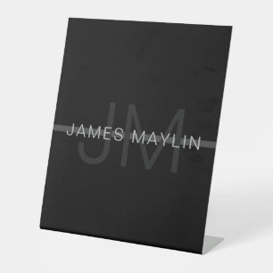 Dark Grey Monogram, Name & Geometric Stripe Pedestal Sign