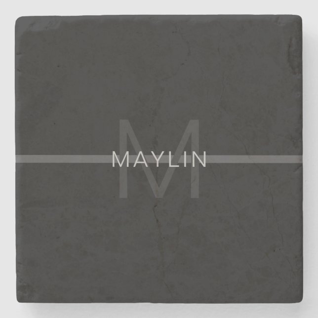 Dark Grey Monogram, Name & Geometric Stripe Stone Coaster (Front)