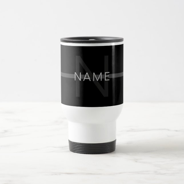Dark Grey Monogram, Name & Geometric Stripe Travel Mug (Center)