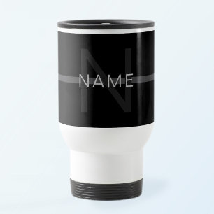 Dark Grey Monogram, Name & Geometric Stripe Travel Mug