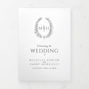 Dark grey monogram wreath story dedication wedding Tri-Fold programme