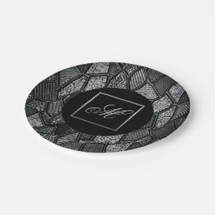 Dark Grey Mosaic Glass Monogram Paper Plates