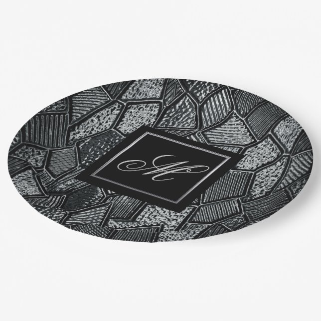 Dark Grey Mosaic Glass Monogrammed Paper Plate (Angled)