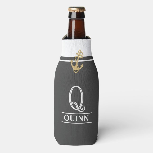 Dark Grey Nautical Monogrammed Bottle Cooler (Bottle Front)