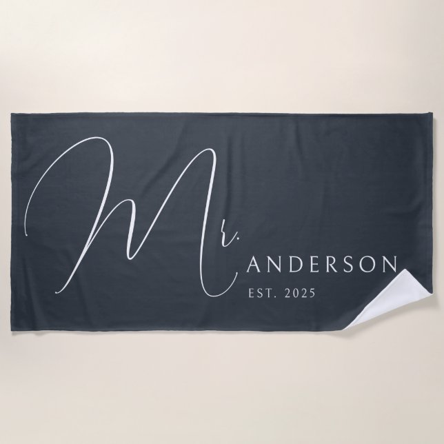 Dark Grey Newlyweds Mr Name Personalised Honeymoon Beach Towel (Front)