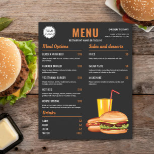 Dark Grey Orange Hamburger Hotdog Food Menu Prices