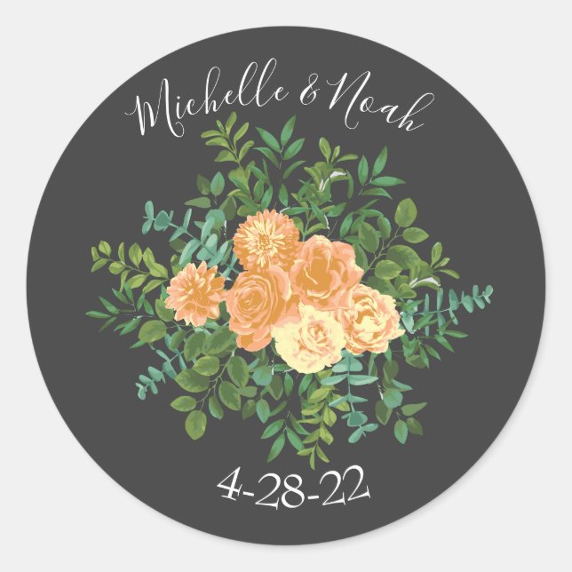 Dark Grey Peach Wedding Modern Floral Classic Round Sticker (Front)