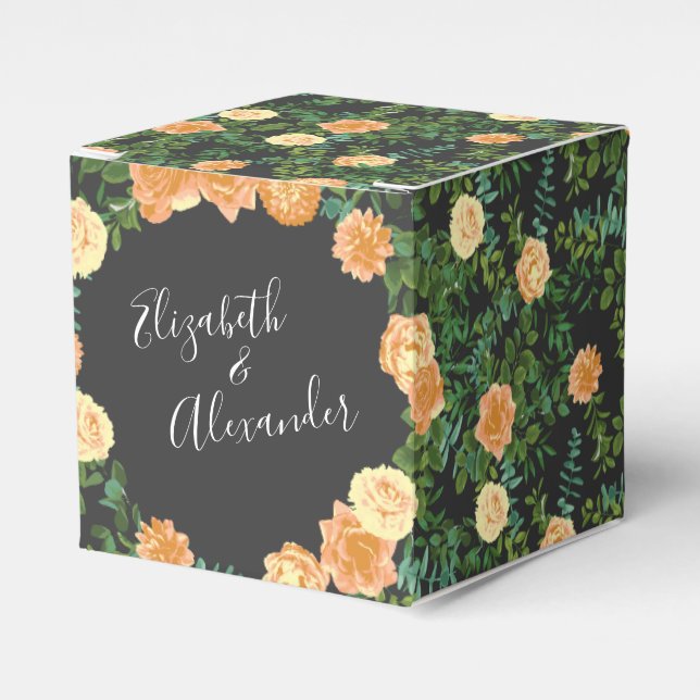 Dark Grey Peach Wedding Modern Floral Favour Box (Front Side)