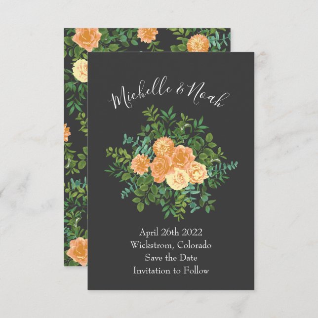 Dark Grey Peach Wedding Modern Floral Invitation (Front/Back)