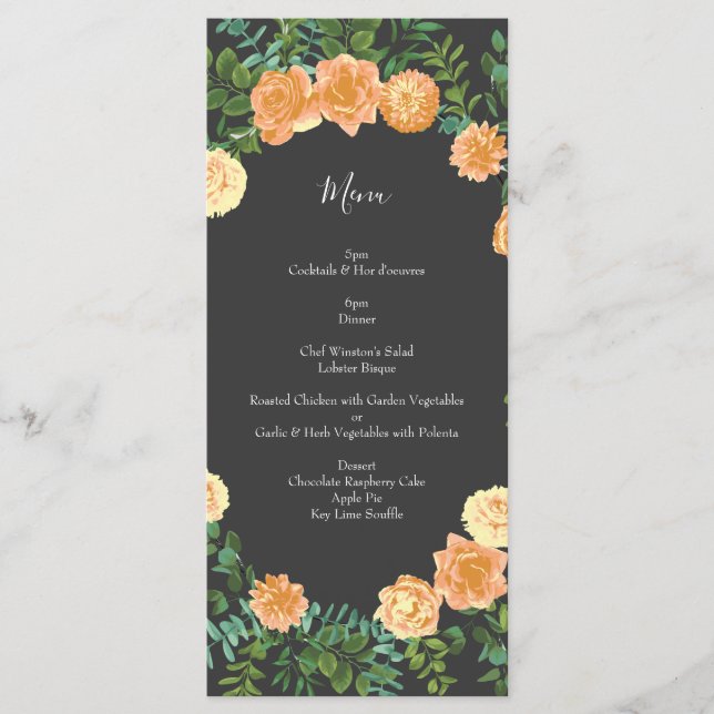 Dark Grey Peach Wedding Modern Floral Menu (Front)