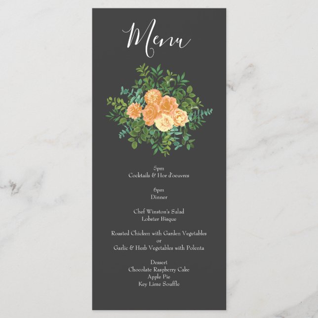 Dark Grey Peach Wedding Modern Floral Menu (Front)