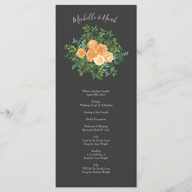 Dark Grey Peach Wedding Modern Floral Menu (Front)