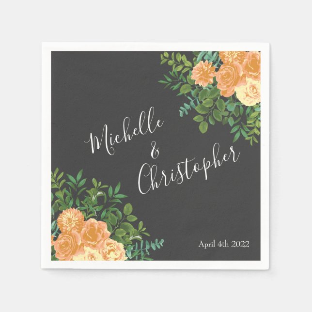 Dark Grey Peach Wedding Modern Floral Napkin (Front)