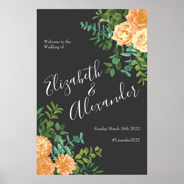Dark Grey Peach Wedding Modern Floral Poster (Front)