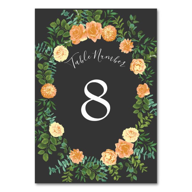 Dark Grey Peach Wedding Modern Floral Table Number (Back)