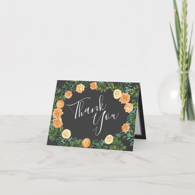 Dark Grey Peach Wedding Modern Floral Thank You Card (Front)