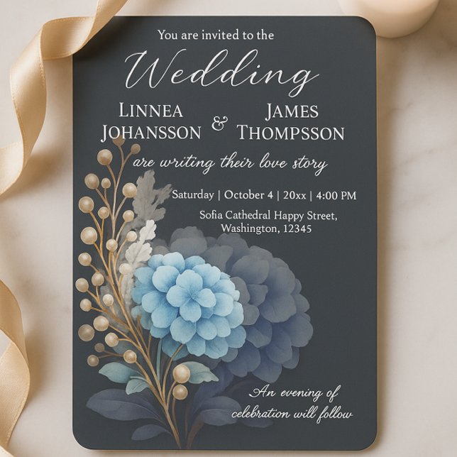Dark Grey Pearl Hydrangea Blue Watercolor Wedding Invitation (Creator Uploaded)