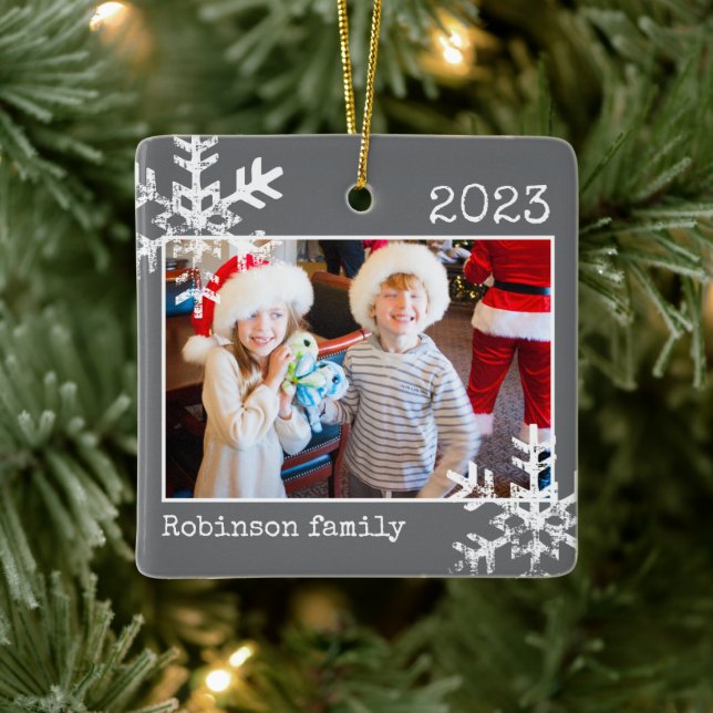 Dark Grey Photo Border White Snowflakes Holiday  Ceramic Ornament (Tree)
