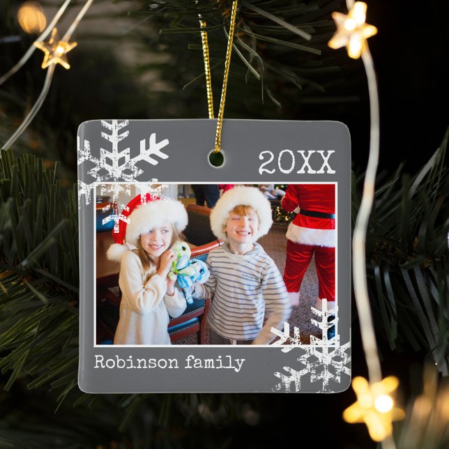 Dark Grey Photo Border White Snowflakes Holiday Ceramic Ornament (Rustic snowflake family holiday keepsake photo ornament perfect for gifts to bring joy to others.)
