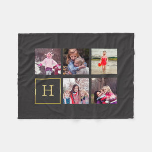 Dark Grey Photo Collage Monogram Fleece Blanket