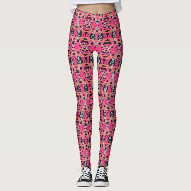 Dark Grey Pink Blue Funky Deco Pattern Gym Yoga Leggings (Front)