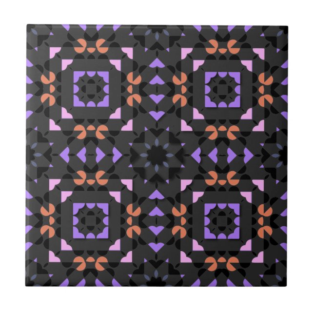 Dark Grey Pink Ethnic Folk Geometric Pattern Tile (Front)