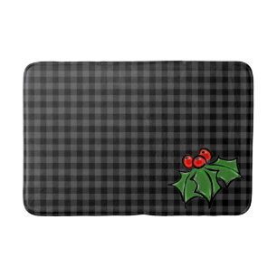 Dark Grey Plaid with Holly Sprigs Bath Mat