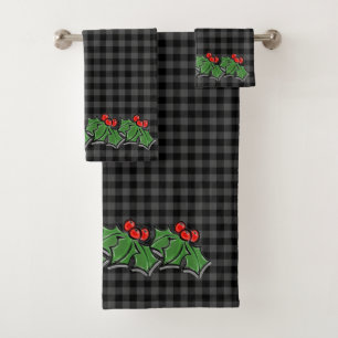 Dark Grey Plaid with Holly Sprigs Bath Towel Set