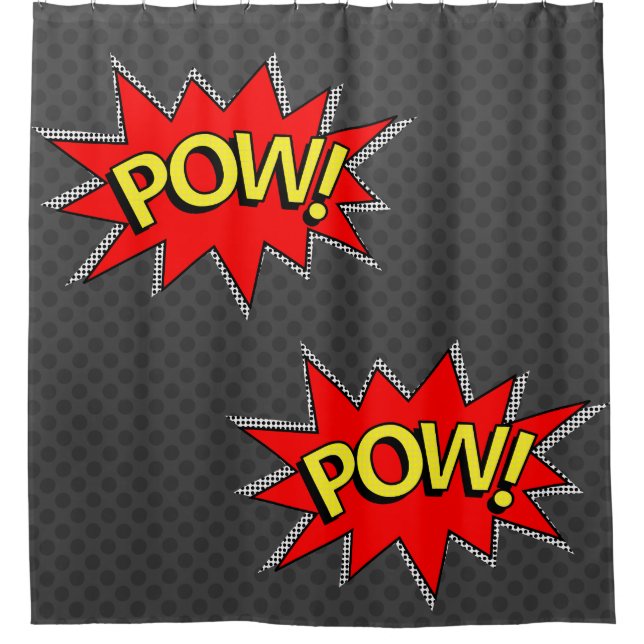 Dark Grey - "POW!" "POW!"Comic Book Superhero Shower Curtain (Front)