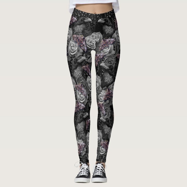 Dark Grey Raven Evermore with Roses and Hawkmoths Leggings (Front)